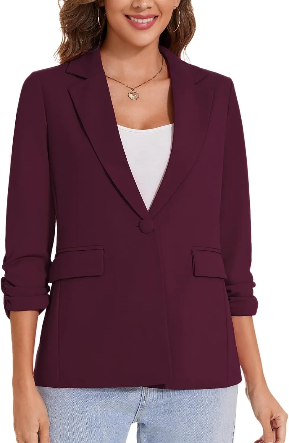 MINTLIMIT Womens Blazer 3/4 Ruched Sleeve Notch Lapel Business Work Blazers One Button Open Front Casual Jackets with Pockets