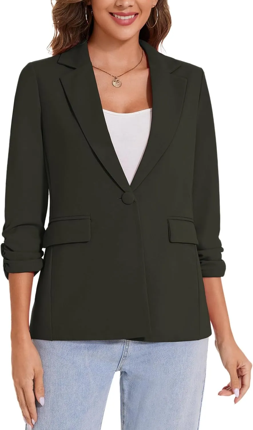 MINTLIMIT Womens Blazer 3/4 Ruched Sleeve Notch Lapel Business Work Blazers One Button Open Front Casual Jackets with Pockets