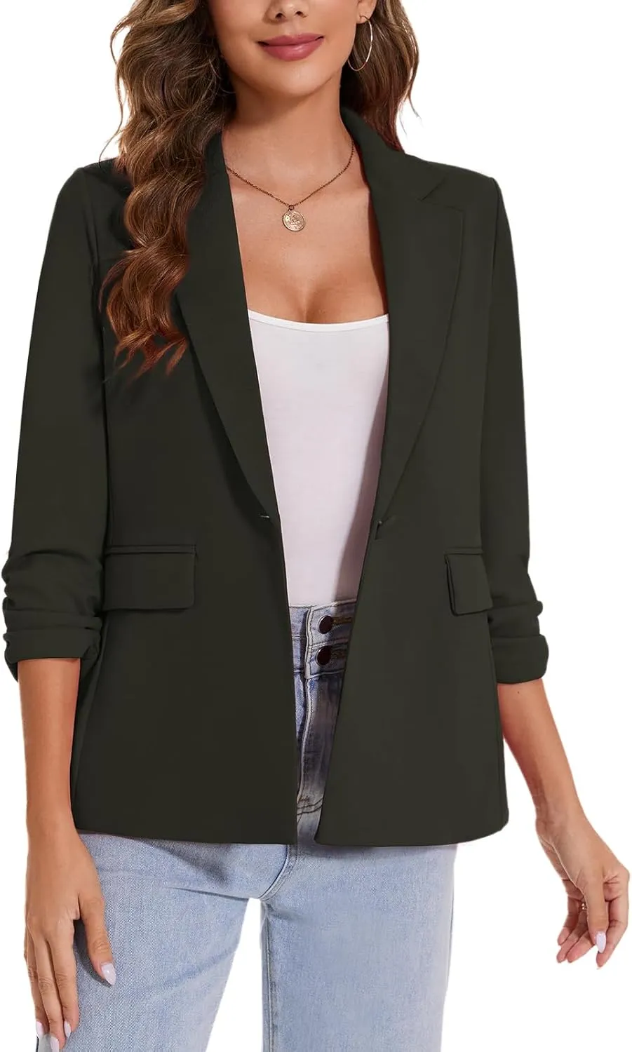 MINTLIMIT Womens Blazer 3/4 Ruched Sleeve Notch Lapel Business Work Blazers One Button Open Front Casual Jackets with Pockets