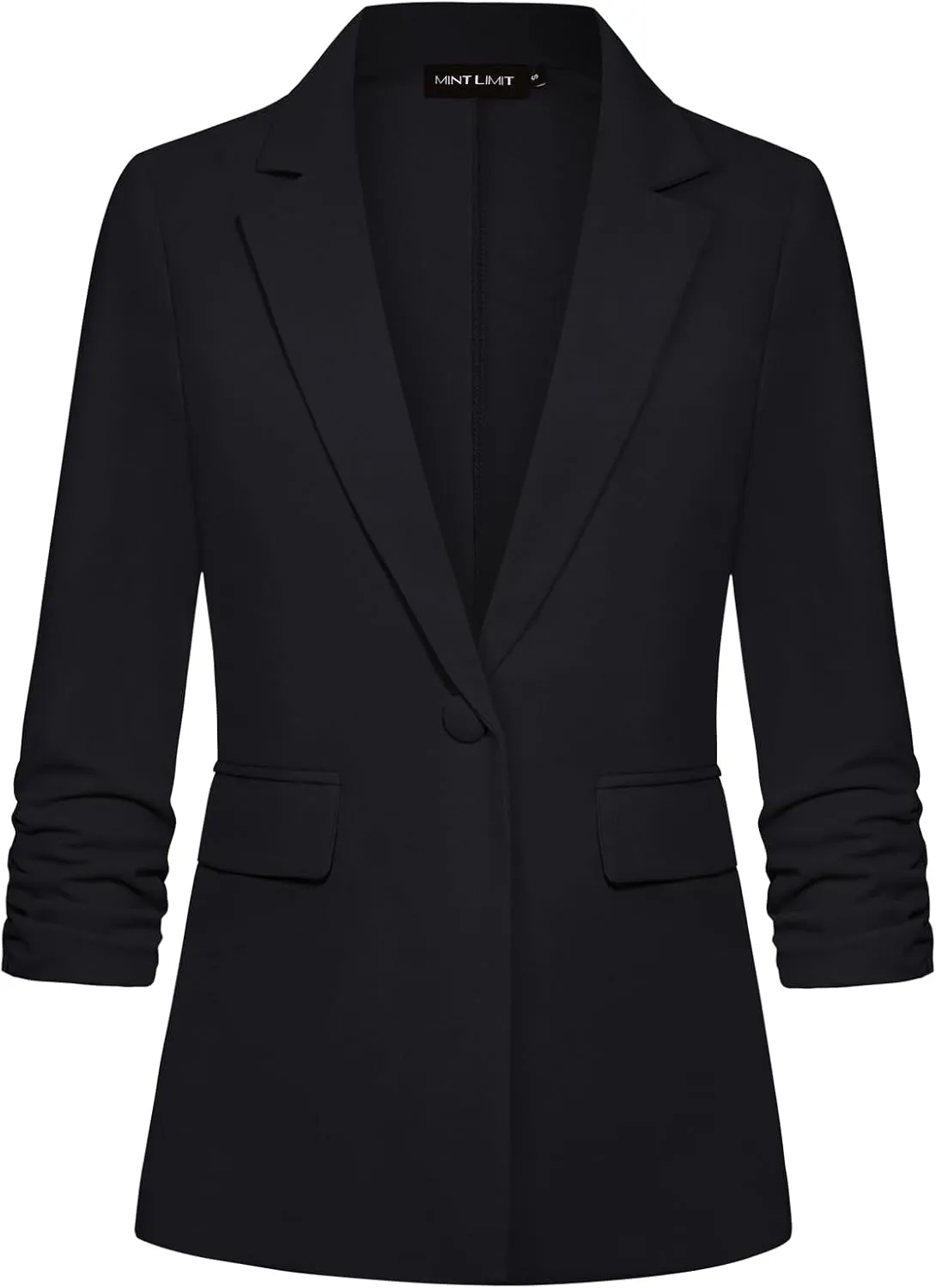 MINTLIMIT Womens Blazer 3/4 Ruched Sleeve Notch Lapel Business Work Blazers One Button Open Front Casual Jackets with Pockets