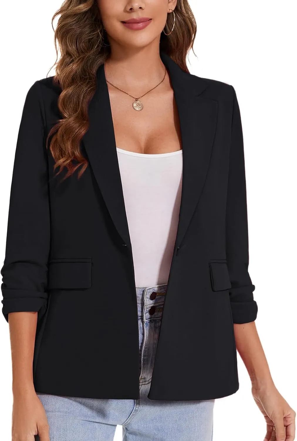 MINTLIMIT Womens Blazer 3/4 Ruched Sleeve Notch Lapel Business Work Blazers One Button Open Front Casual Jackets with Pockets