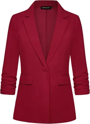 MINTLIMIT Womens Blazer 3/4 Ruched Sleeve Notch Lapel Business Work Blazers One Button Open Front Casual Jackets with Pockets