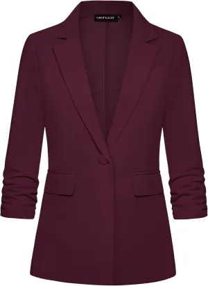 MINTLIMIT Womens Blazer 3/4 Ruched Sleeve Notch Lapel Business Work Blazers One Button Open Front Casual Jackets with Pockets