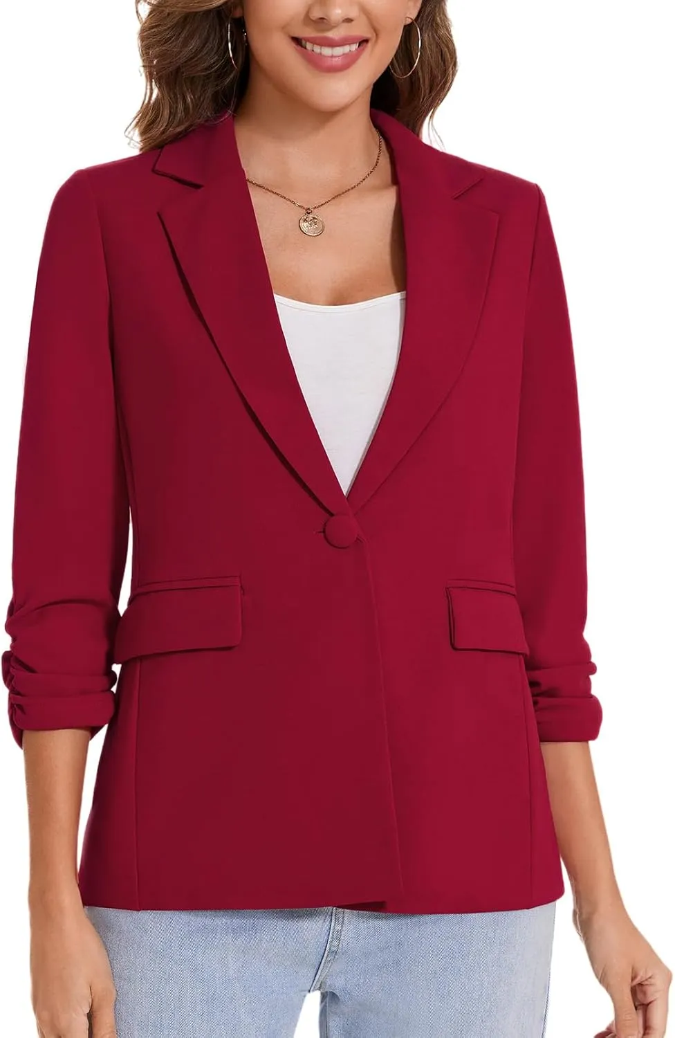 MINTLIMIT Womens Blazer 3/4 Ruched Sleeve Notch Lapel Business Work Blazers One Button Open Front Casual Jackets with Pockets
