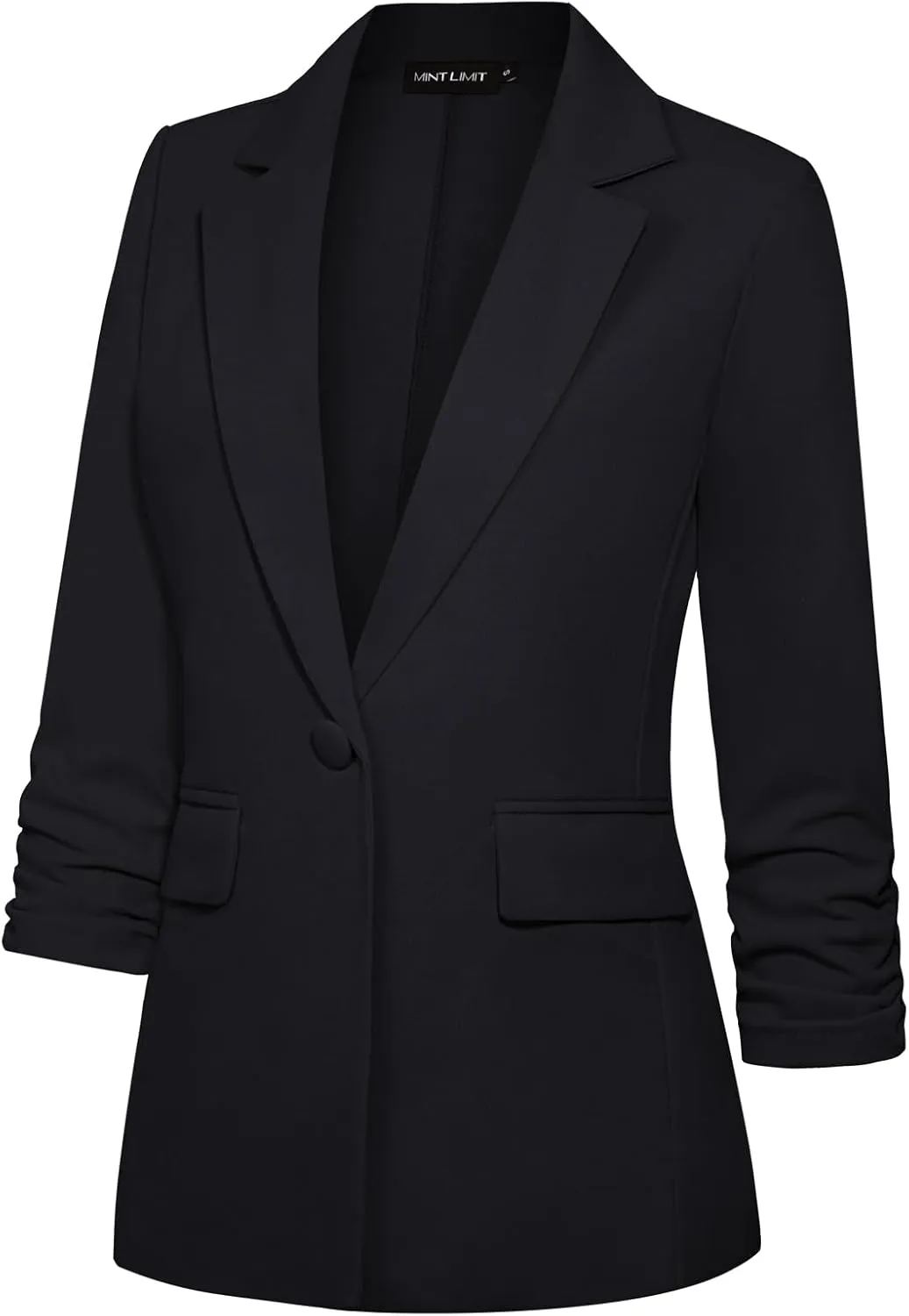MINTLIMIT Womens Blazer 3/4 Ruched Sleeve Notch Lapel Business Work Blazers One Button Open Front Casual Jackets with Pockets