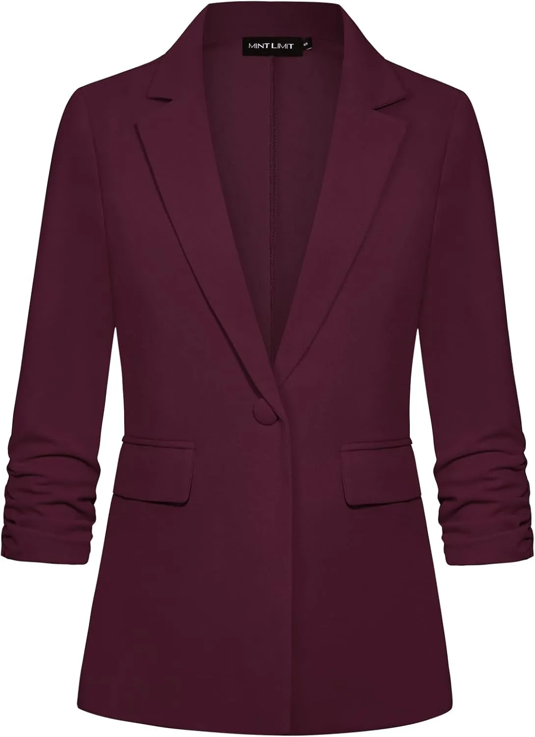 MINTLIMIT Womens Blazer 3/4 Ruched Sleeve Notch Lapel Business Work Blazers One Button Open Front Casual Jackets with Pockets