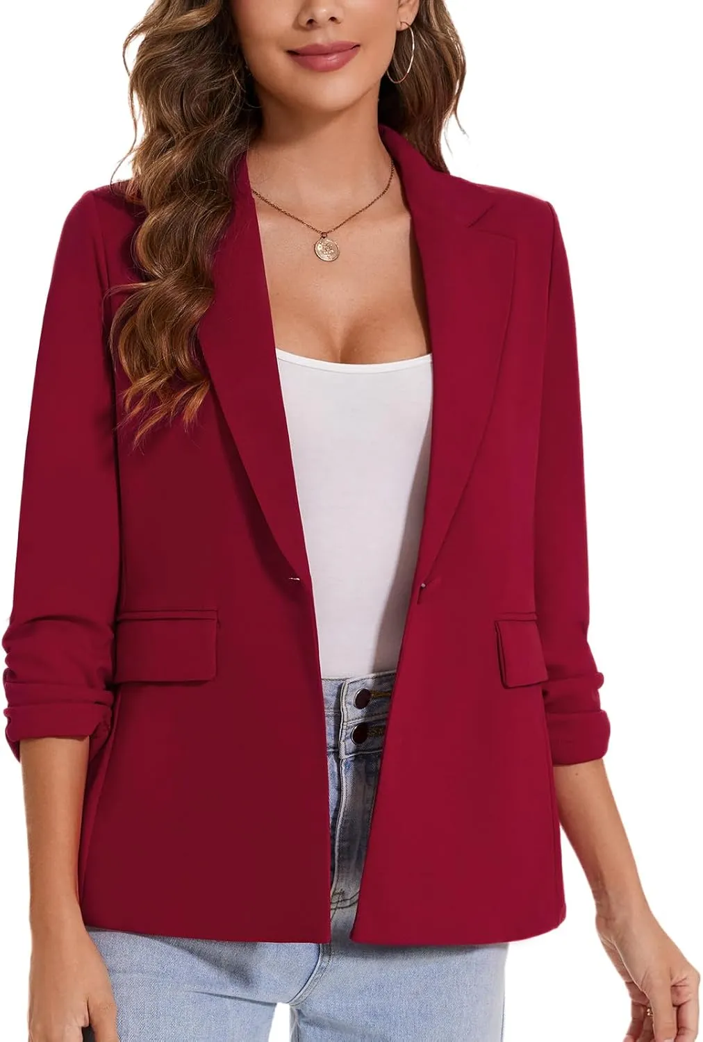 MINTLIMIT Womens Blazer 3/4 Ruched Sleeve Notch Lapel Business Work Blazers One Button Open Front Casual Jackets with Pockets