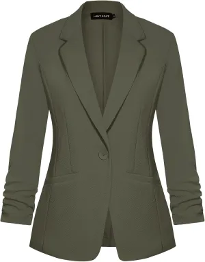 MINTLIMIT Women's Casual Blazer 3/4 Ruched Sleeve Open Front Button Work Office Blazer Jackets with Pockets