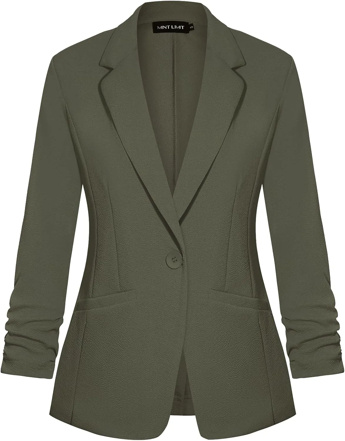 MINTLIMIT Women's Casual Blazer 3/4 Ruched Sleeve Open Front Button Work Office Blazer Jackets with Pockets