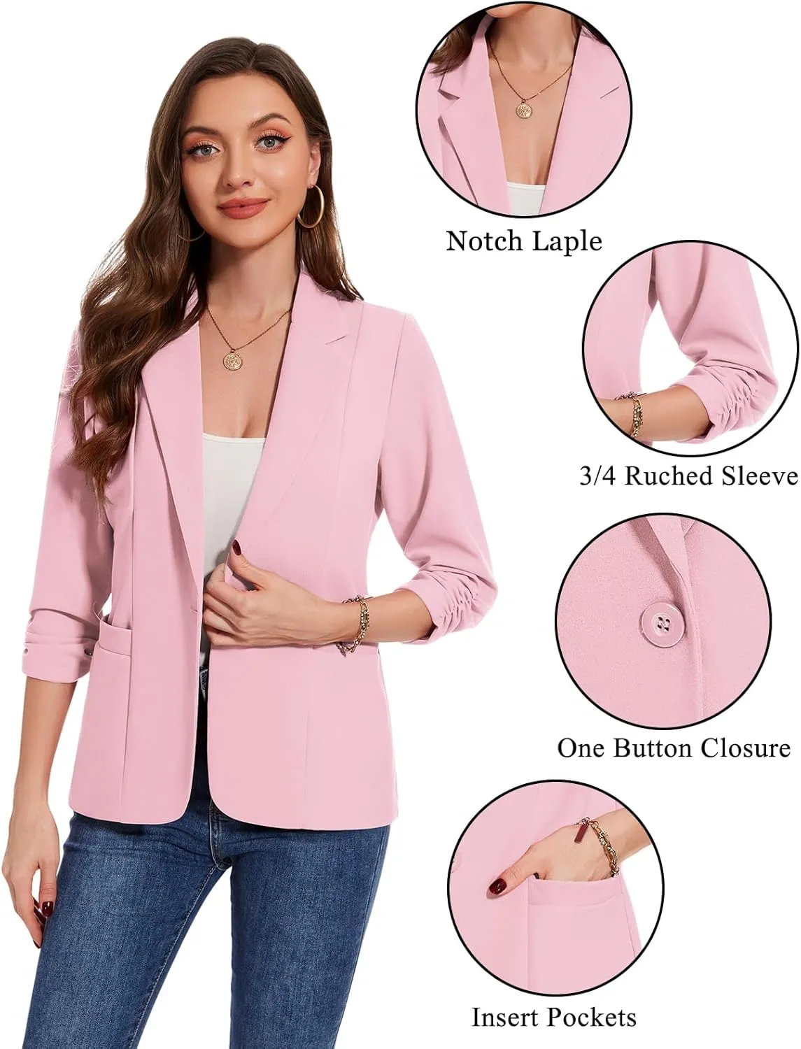 MINTLIMIT Womens Casual Blazers 3/4 Ruched Sleeve One Button Blazer Lapel Collar Business Office Suit Jacket with Pockets