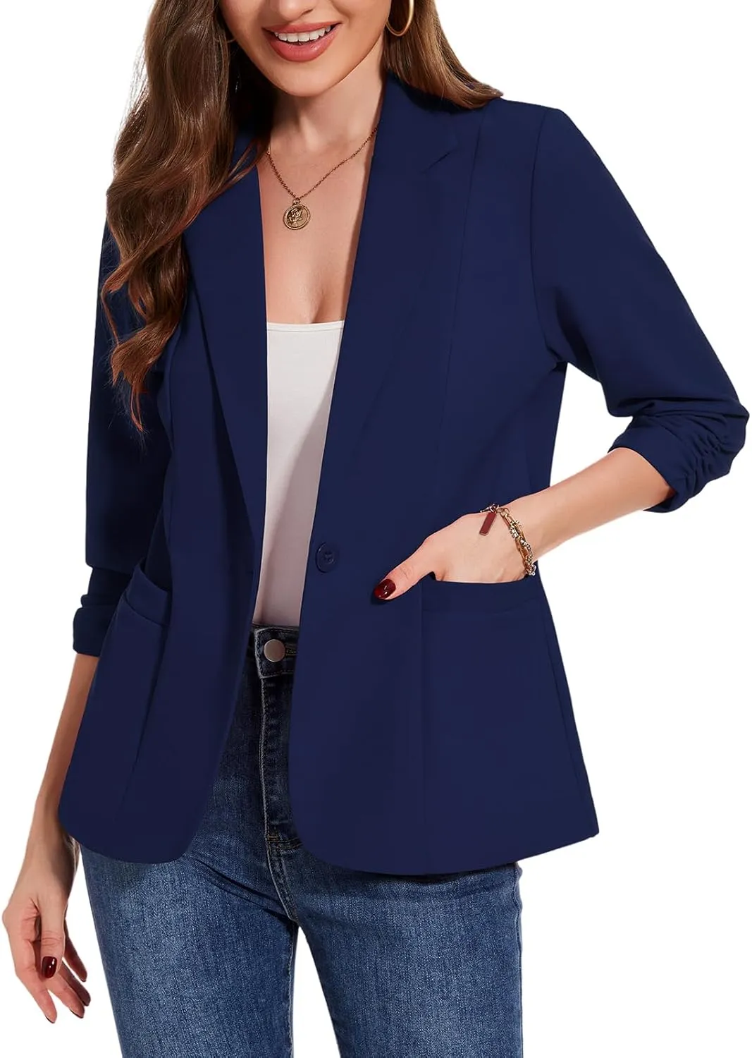 MINTLIMIT Womens Casual Blazers 3/4 Ruched Sleeve One Button Blazer Lapel Collar Business Office Suit Jacket with Pockets