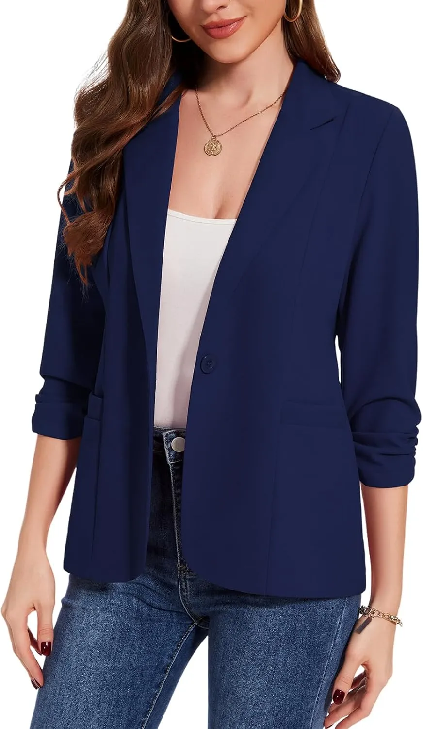 MINTLIMIT Womens Casual Blazers 3/4 Ruched Sleeve One Button Blazer Lapel Collar Business Office Suit Jacket with Pockets