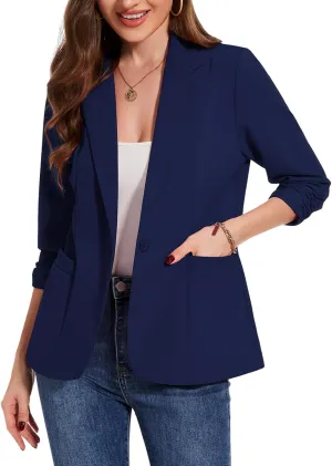 MINTLIMIT Womens Casual Blazers 3/4 Ruched Sleeve One Button Blazer Lapel Collar Business Office Suit Jacket with Pockets