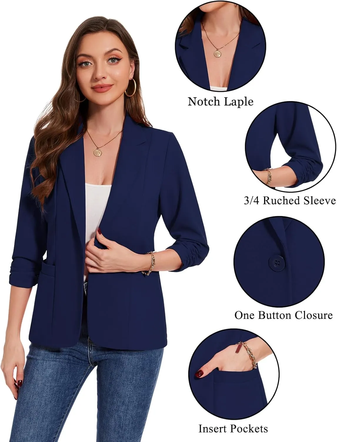 MINTLIMIT Womens Casual Blazers 3/4 Ruched Sleeve One Button Blazer Lapel Collar Business Office Suit Jacket with Pockets