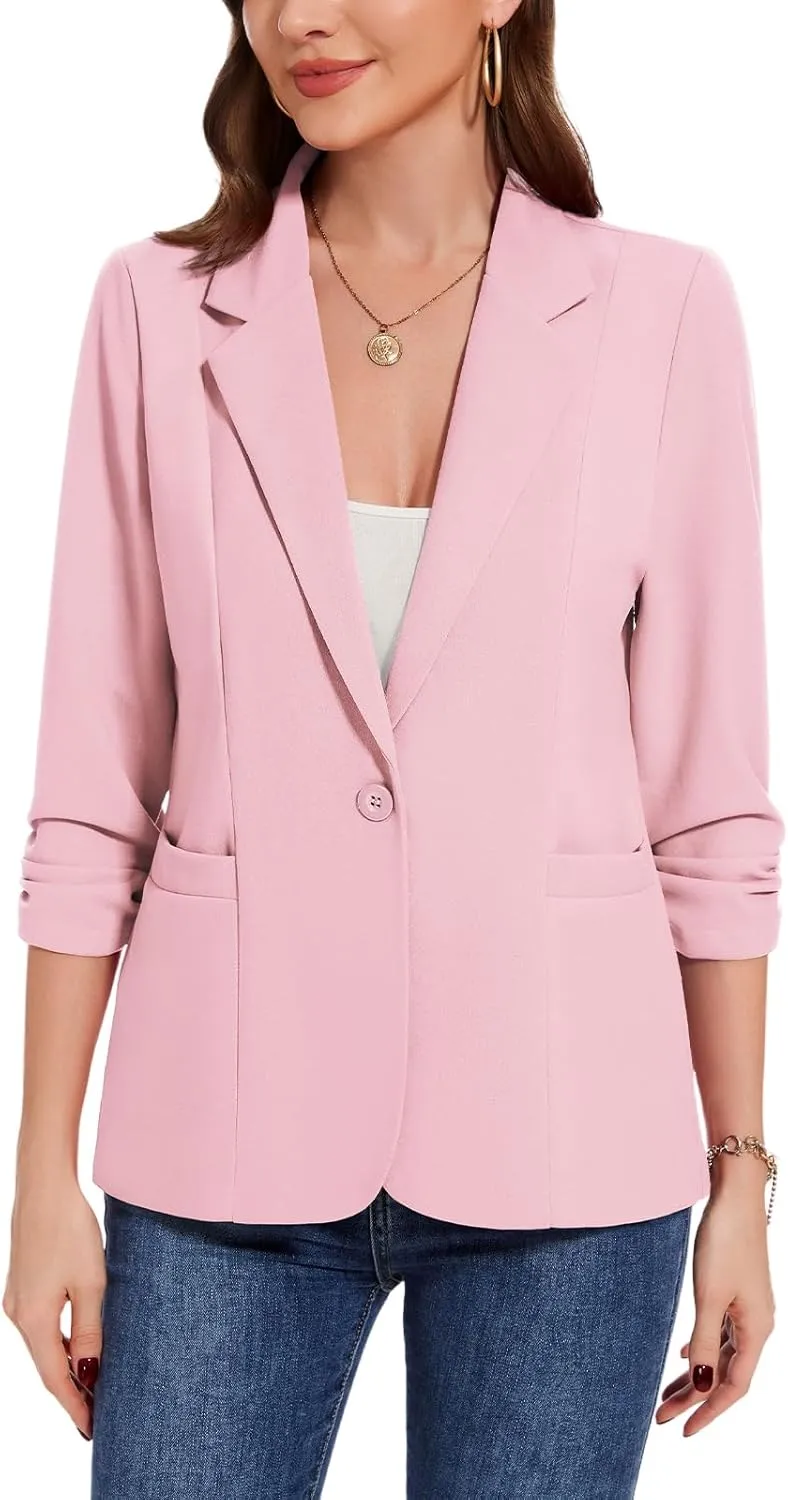 MINTLIMIT Womens Casual Blazers 3/4 Ruched Sleeve One Button Blazer Lapel Collar Business Office Suit Jacket with Pockets