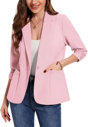 MINTLIMIT Womens Casual Blazers 3/4 Ruched Sleeve One Button Blazer Lapel Collar Business Office Suit Jacket with Pockets