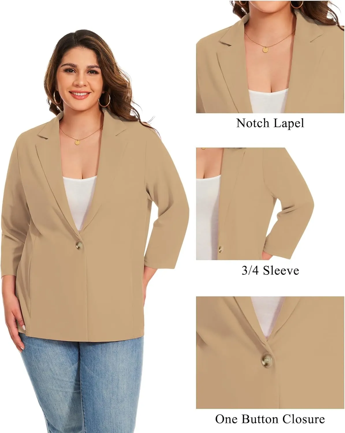 MINTLIMIT Womens Plus Size Blazer 3/4 Sleeve Notch Lapel Casual Work Blazers One Button Open Front Pockets Jackets (XL-5XL)