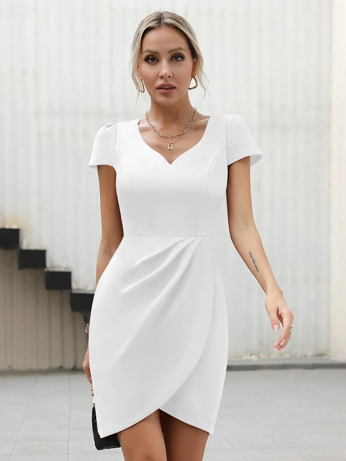 Missufe Women's Short Sleeve Sweetheart Ruched Fitted Wrap Mini Summer Party Formal Dress