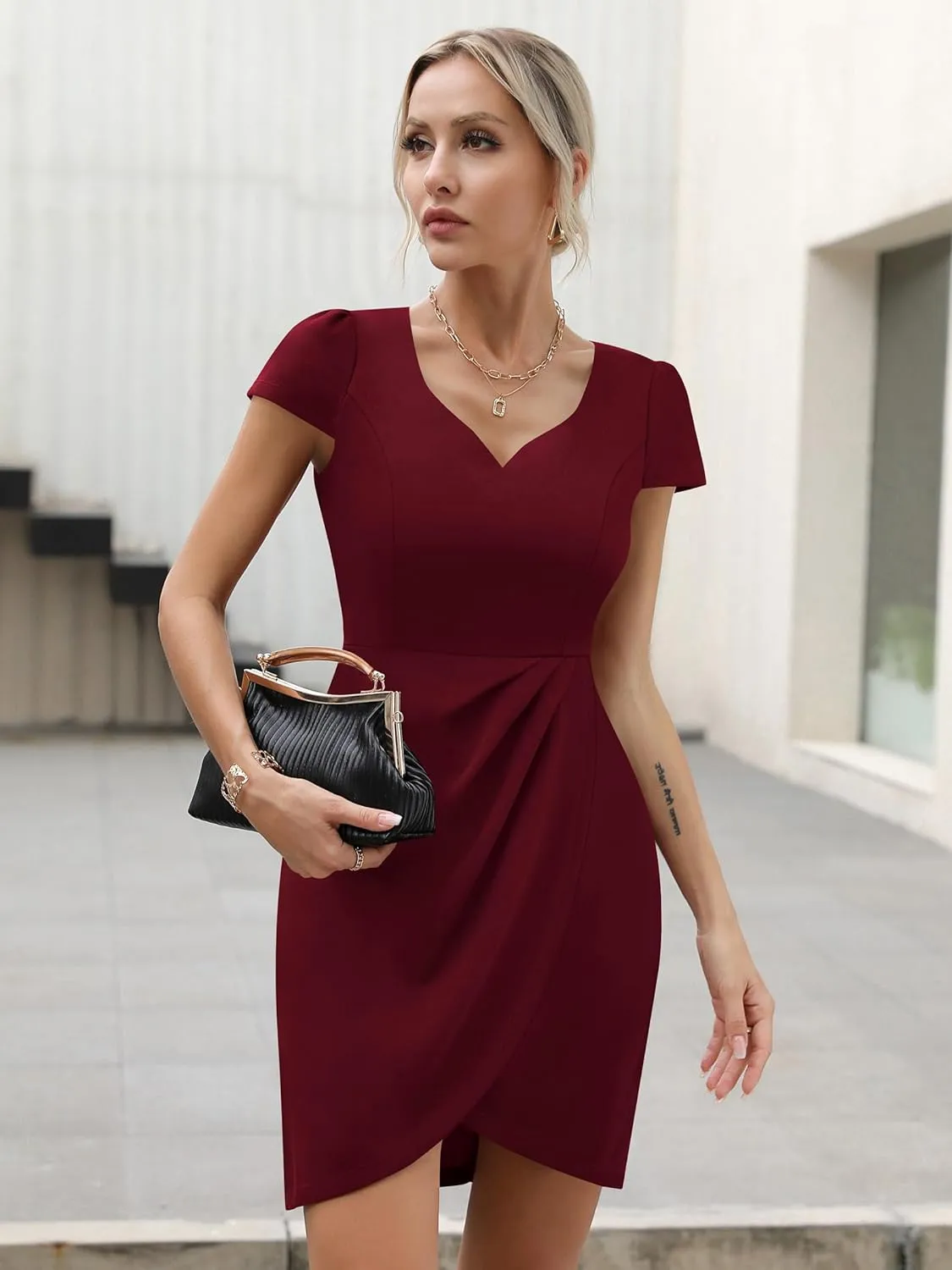 Missufe Women's Short Sleeve Sweetheart Ruched Fitted Wrap Mini Summer Party Formal Dress