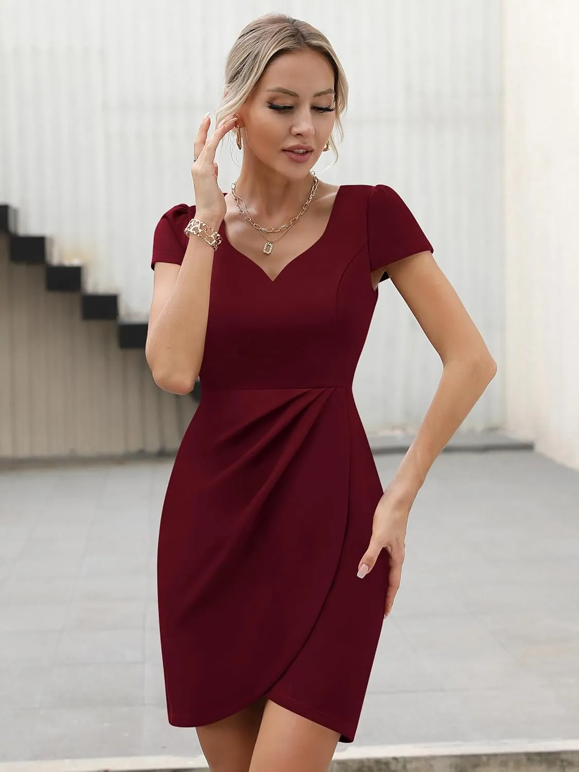 Missufe Women's Short Sleeve Sweetheart Ruched Fitted Wrap Mini Summer Party Formal Dress