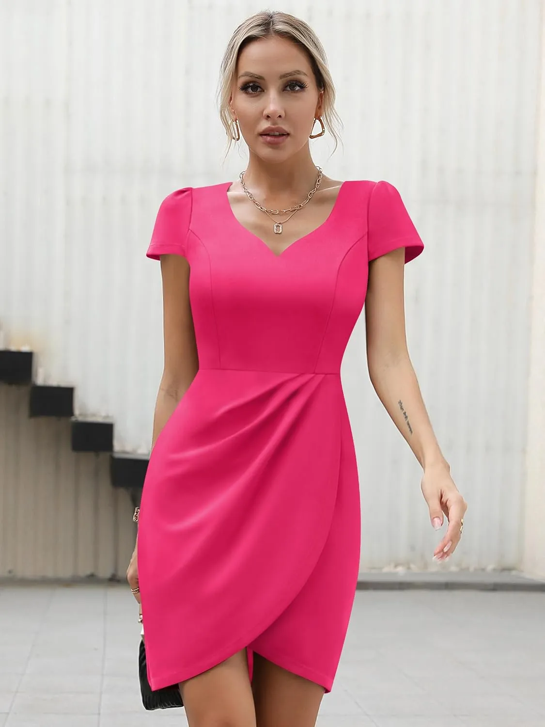 Missufe Women's Short Sleeve Sweetheart Ruched Fitted Wrap Mini Summer Party Formal Dress