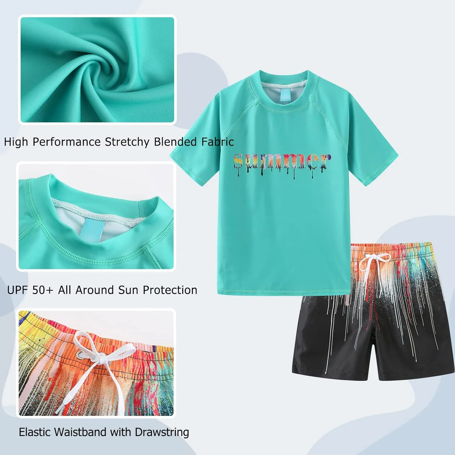 Moon Tree Boys Rash Guard Set for Boys 2 Piece Swimsuits Short Sleeve Bathing Suits with Trunks Quick Dry Swim Shirts