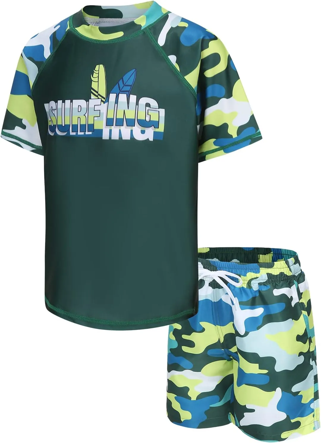 Moon Tree Boys Rash Guard Set for Boys 2 Piece Swimsuits Short Sleeve Bathing Suits with Trunks Quick Dry Swim Shirts