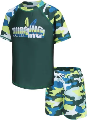 Moon Tree Boys Rash Guard Set for Boys 2 Piece Swimsuits Short Sleeve Bathing Suits with Trunks Quick Dry Swim Shirts