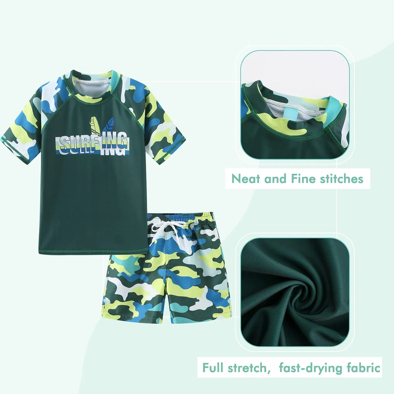 Moon Tree Boys Rash Guard Set for Boys 2 Piece Swimsuits Short Sleeve Bathing Suits with Trunks Quick Dry Swim Shirts
