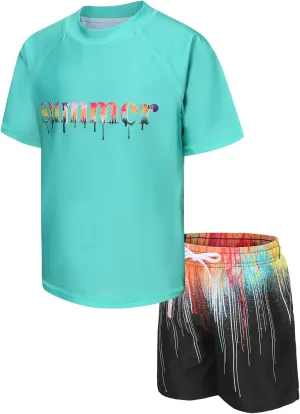 Moon Tree Boys Rash Guard Set for Boys 2 Piece Swimsuits Short Sleeve Bathing Suits with Trunks Quick Dry Swim Shirts