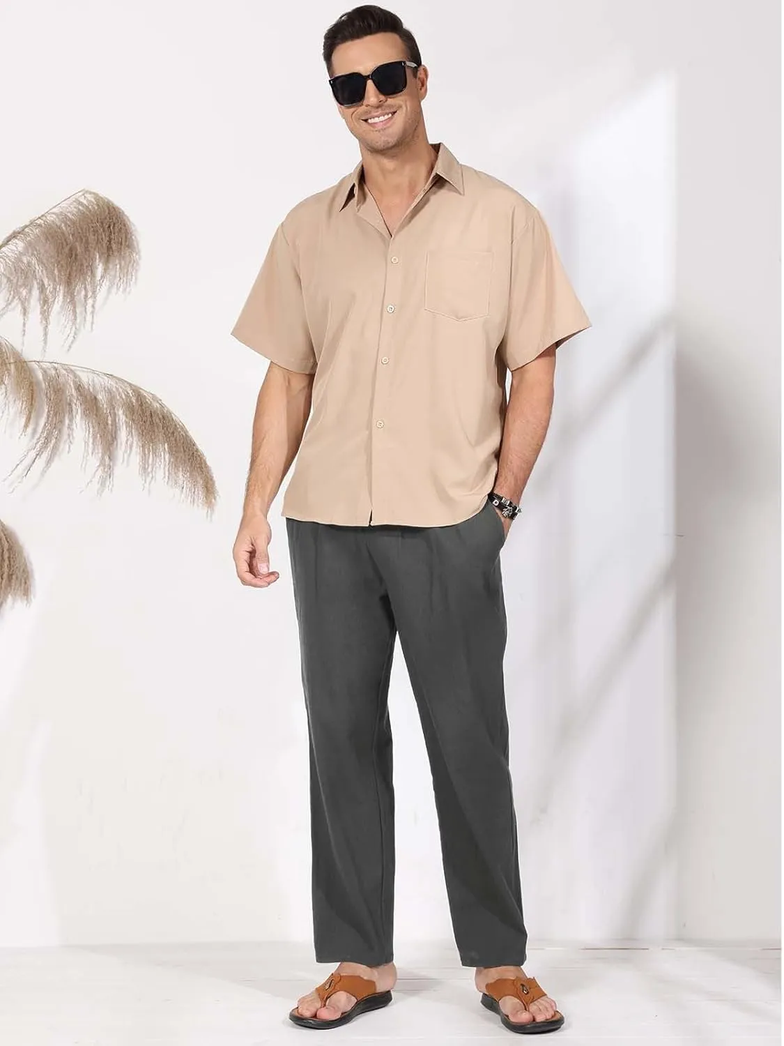 MorwenVeo Men's Linen Pants Casual Drawstring Yoga Beach Trousers Lightweight Loose Fit Elastic Waist Summer Pant