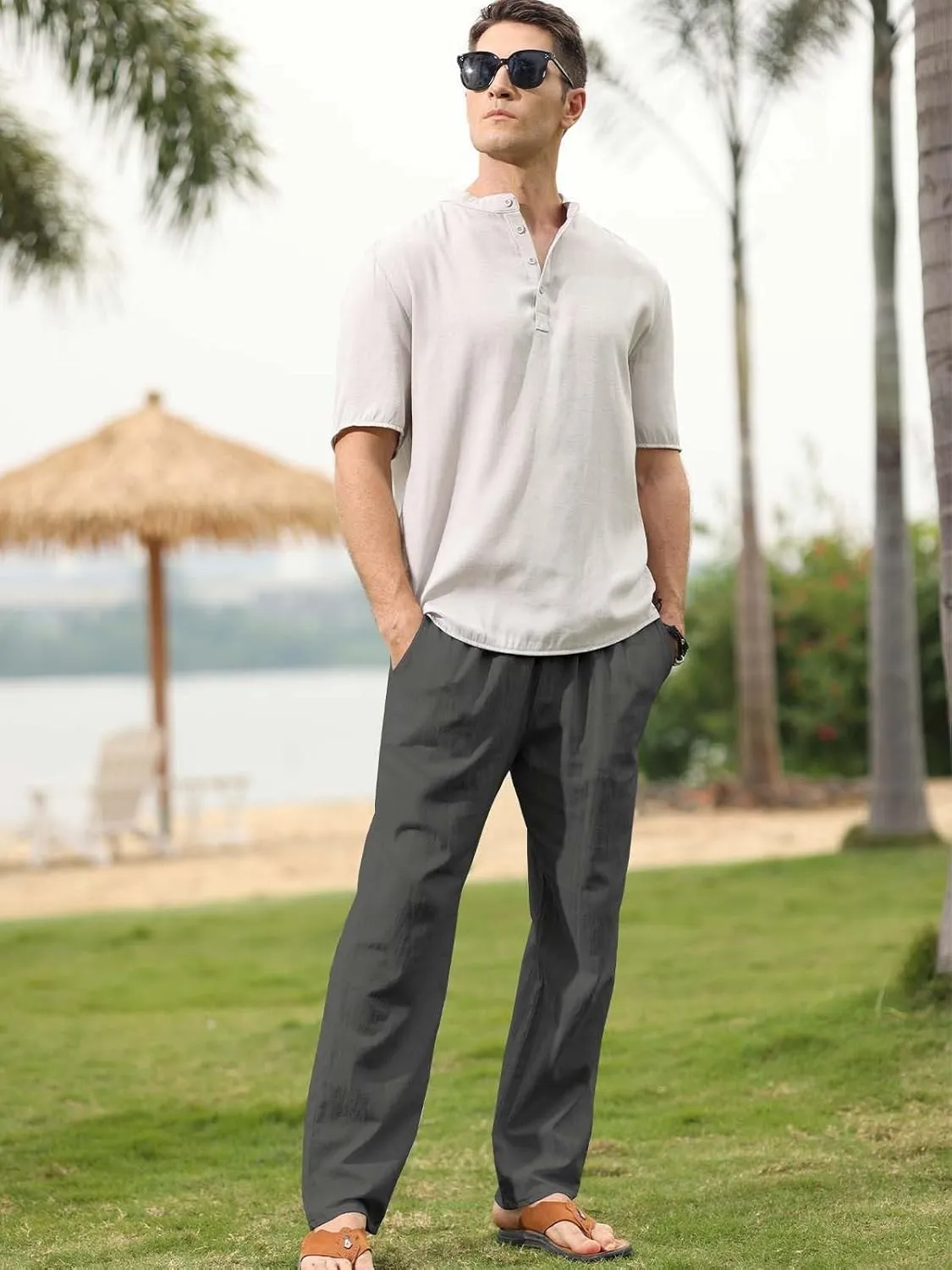 MorwenVeo Men's Linen Pants Casual Drawstring Yoga Beach Trousers Lightweight Loose Fit Elastic Waist Summer Pant