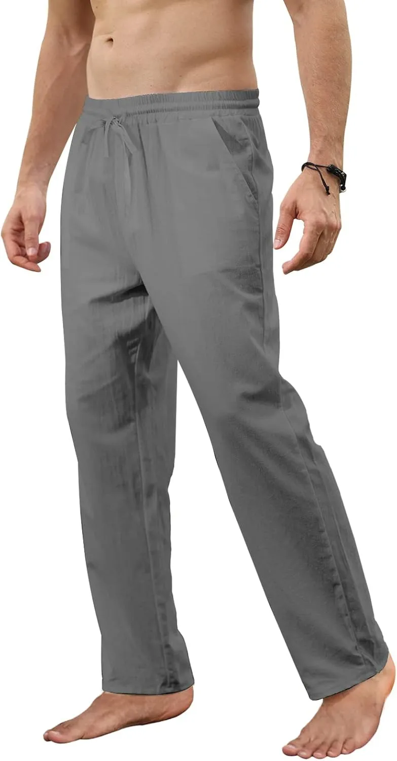 MorwenVeo Men's Linen Pants Casual Drawstring Yoga Beach Trousers Lightweight Loose Fit Elastic Waist Summer Pant