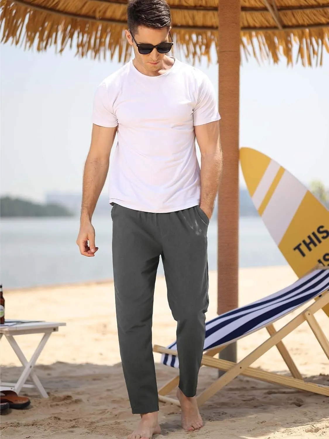 MorwenVeo Men's Linen Pants Casual Drawstring Yoga Beach Trousers Lightweight Loose Fit Elastic Waist Summer Pant