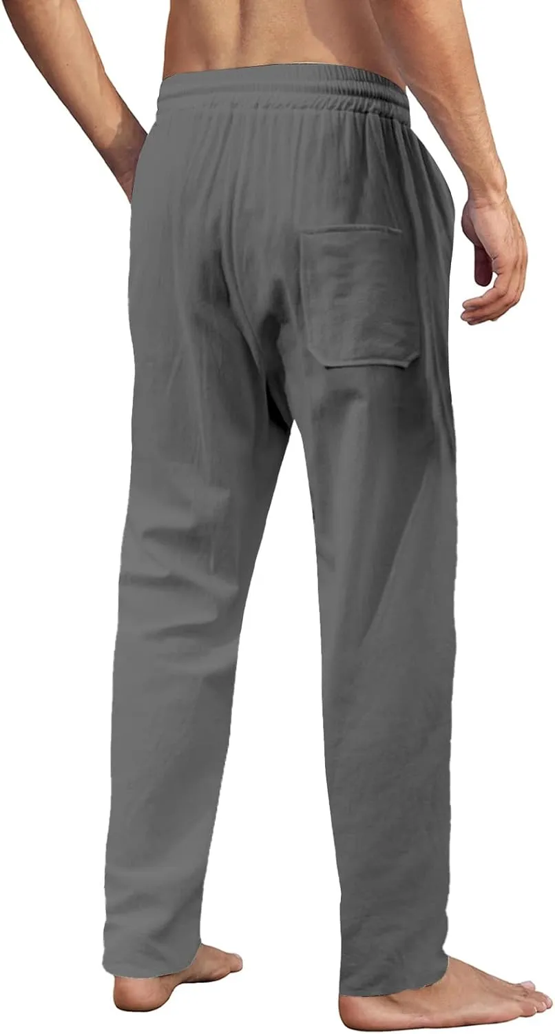 MorwenVeo Men's Linen Pants Casual Drawstring Yoga Beach Trousers Lightweight Loose Fit Elastic Waist Summer Pant