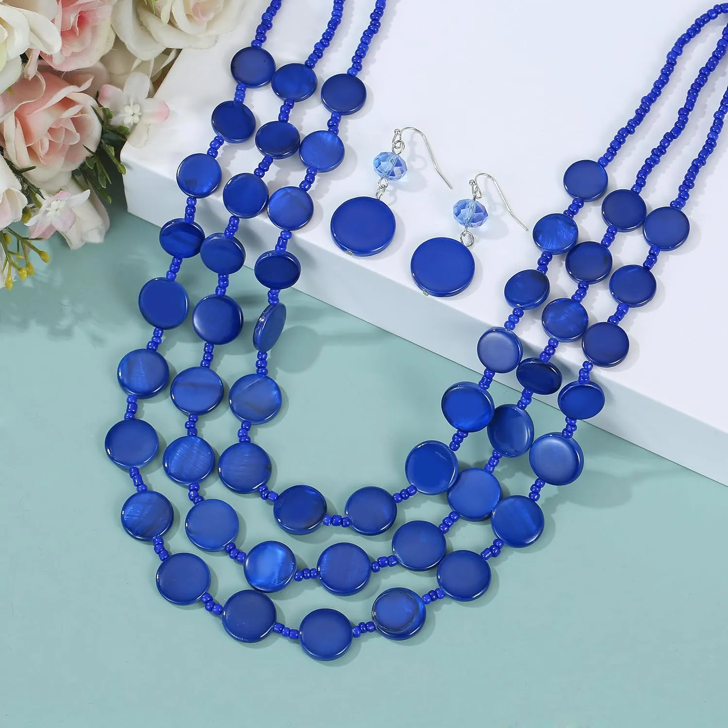 Multi layered Chunky Beaded Necklaces for Women Boho Colorful Shell Strand Statement Necklaces With Earrings Set Fashion Costume Jewelry Gifts