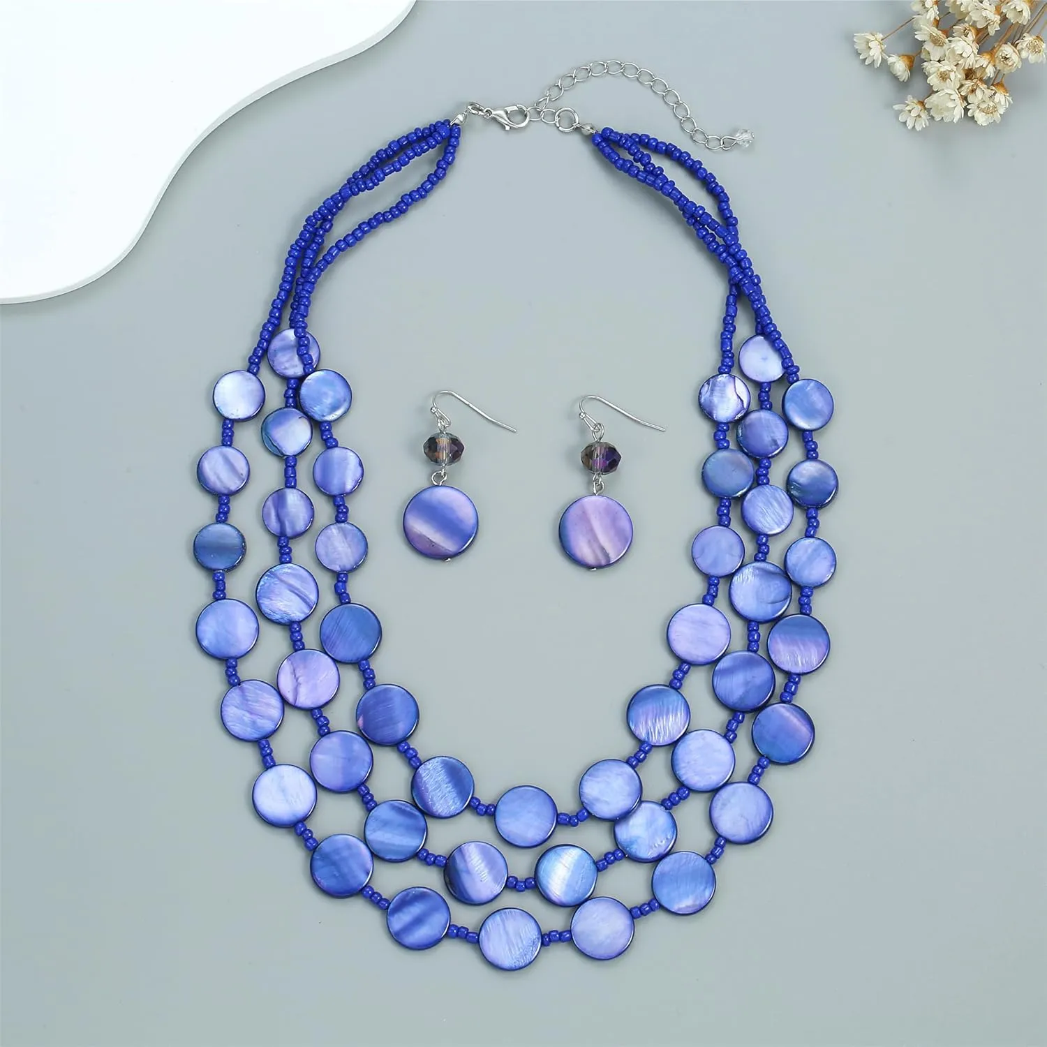 Multi layered Chunky Beaded Necklaces for Women Boho Colorful Shell Strand Statement Necklaces With Earrings Set Fashion Costume Jewelry Gifts