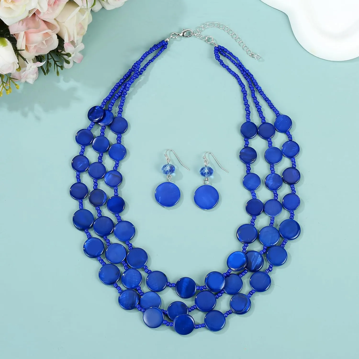 Multi layered Chunky Beaded Necklaces for Women Boho Colorful Shell Strand Statement Necklaces With Earrings Set Fashion Costume Jewelry Gifts