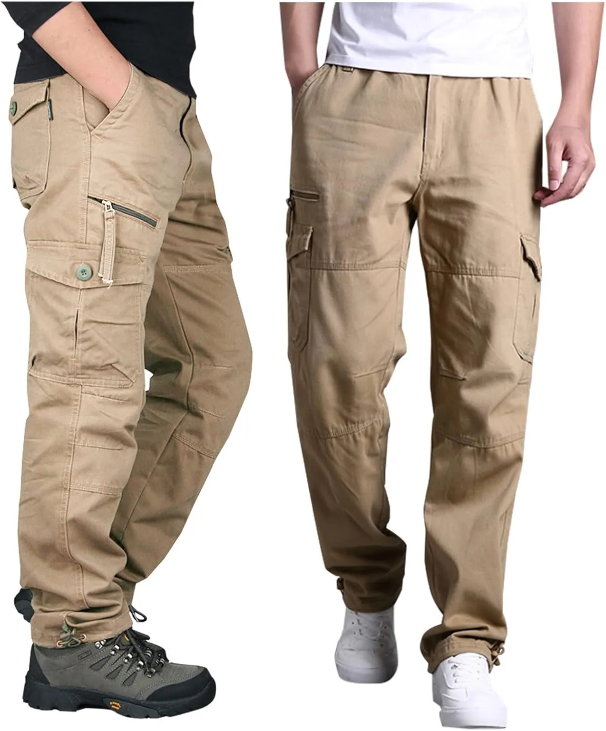Muscularfit Men's Cargo Pants Big and Tall Cotton Elastic Waist Multi Pockets Straight Trousers Casual Loose Solid Sweatpants