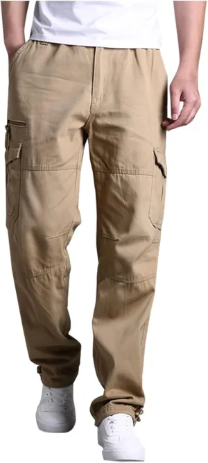 Muscularfit Men's Cargo Pants Big and Tall Cotton Elastic Waist Multi Pockets Straight Trousers Casual Loose Solid Sweatpants