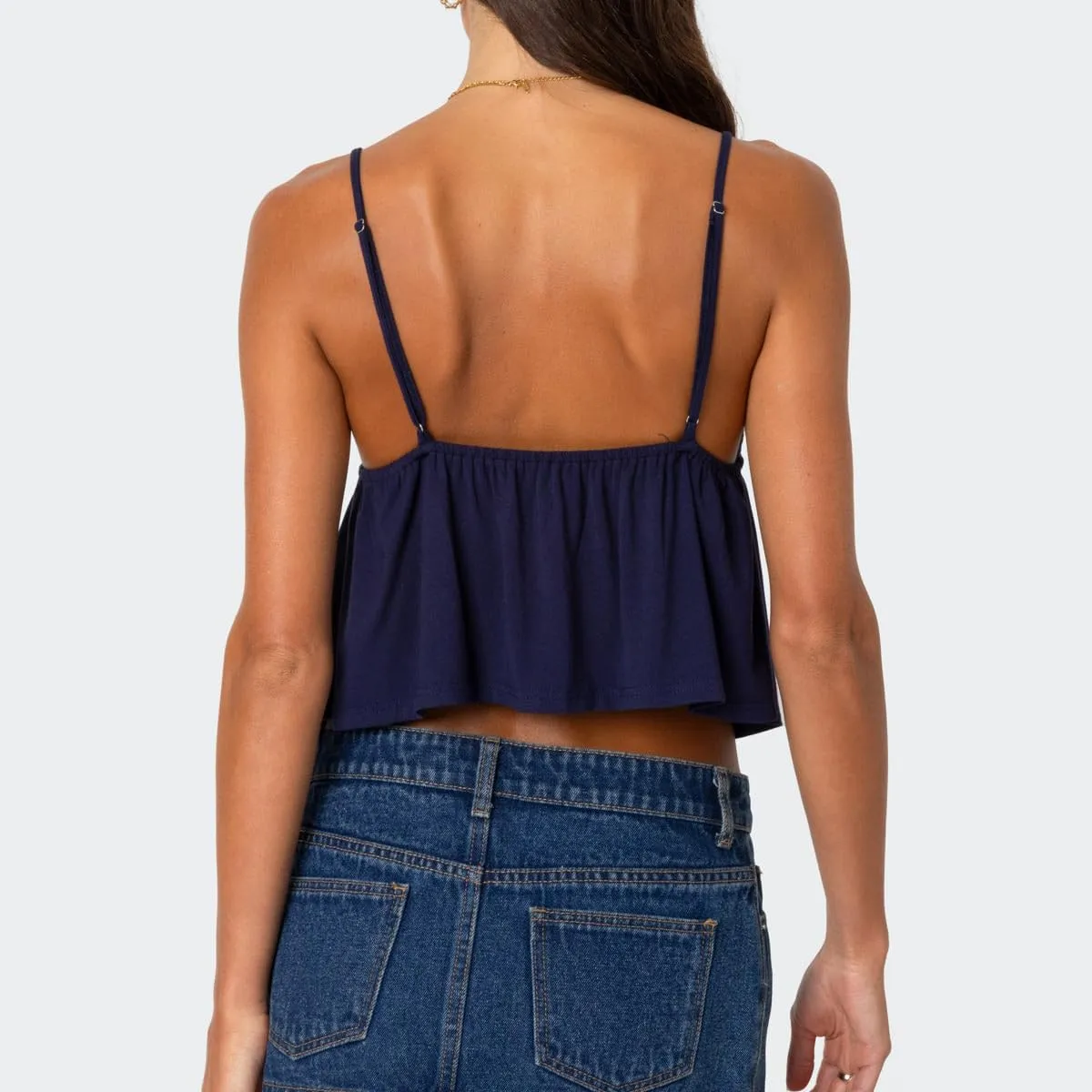 Mxiqqpltky Women Babydoll Cami Tops Summer V Neck Spaghetti Strap Flowy Ruffle Crop Tank Tops Casual Backless Peplum Camisole