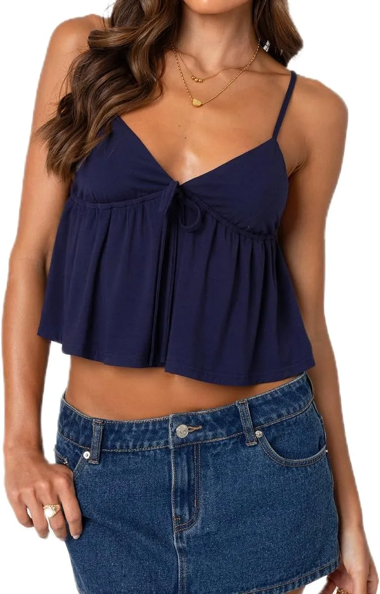 Mxiqqpltky Women Babydoll Cami Tops Summer V Neck Spaghetti Strap Flowy Ruffle Crop Tank Tops Casual Backless Peplum Camisole