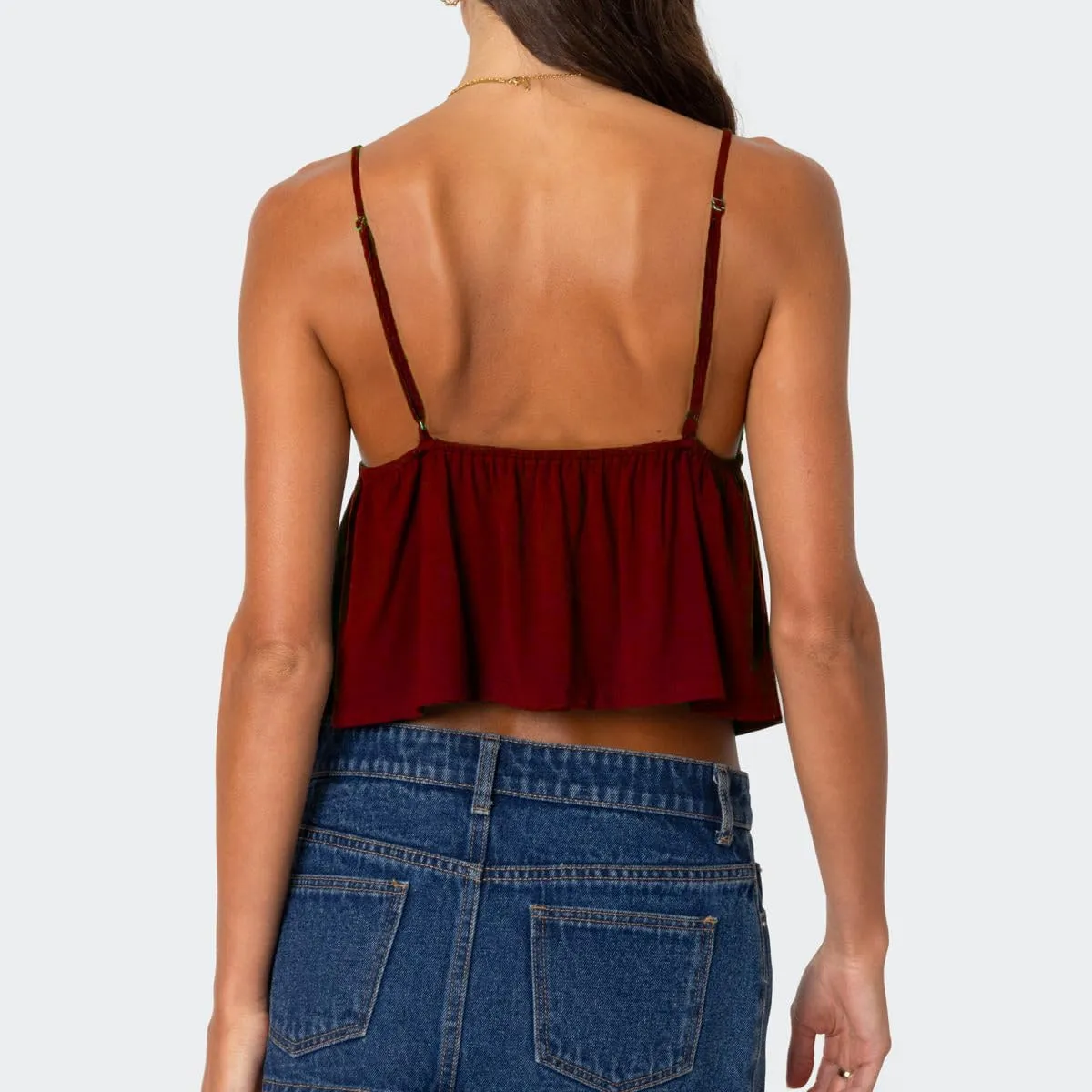 Mxiqqpltky Women Babydoll Cami Tops Summer V Neck Spaghetti Strap Flowy Ruffle Crop Tank Tops Casual Backless Peplum Camisole