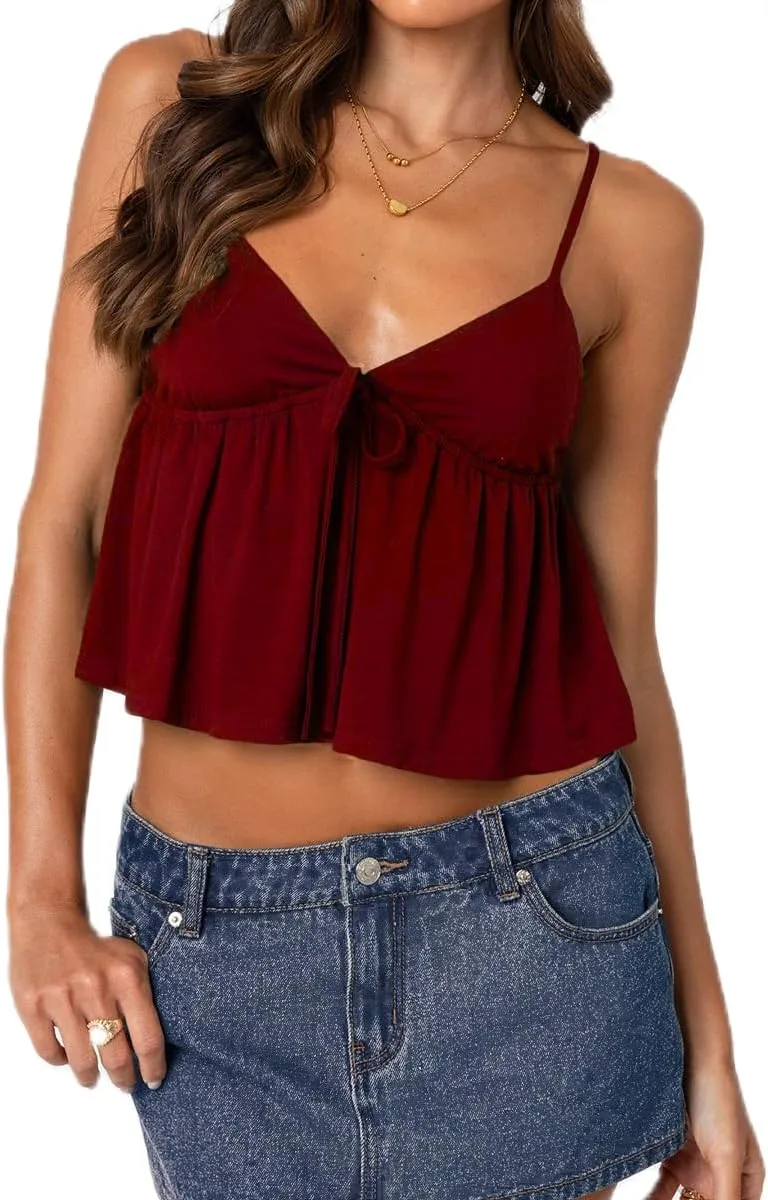 Mxiqqpltky Women Babydoll Cami Tops Summer V Neck Spaghetti Strap Flowy Ruffle Crop Tank Tops Casual Backless Peplum Camisole