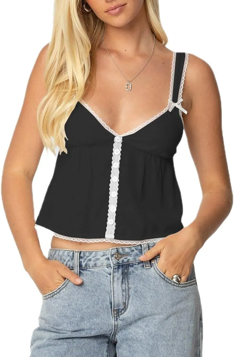 Mxiqqpltky Women Cute Babydoll Cami Top Y2k Bow Lace Trim V Neck Ruched Tank Tops Summer Button Front Flowy Peplum Camisole