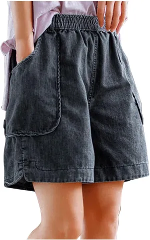 NATHGAM Womens Wide Leg Jean Shorts Baggy High Waisted Denim Shorts Lightweight Comfy Jeans Shorts 80s Plus Size with Pockets