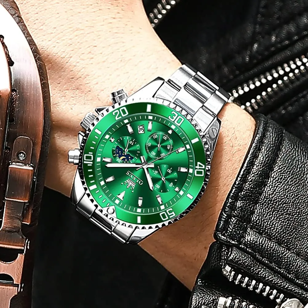 OLEVS Men Watch,Big Dial Watches for Men Stainless Steel Watch with Day Waterproof Analog Quartz Watches for Man Classic Business Wristwatch Luxury Luminous Round for Men Rotatable Bezel Watch