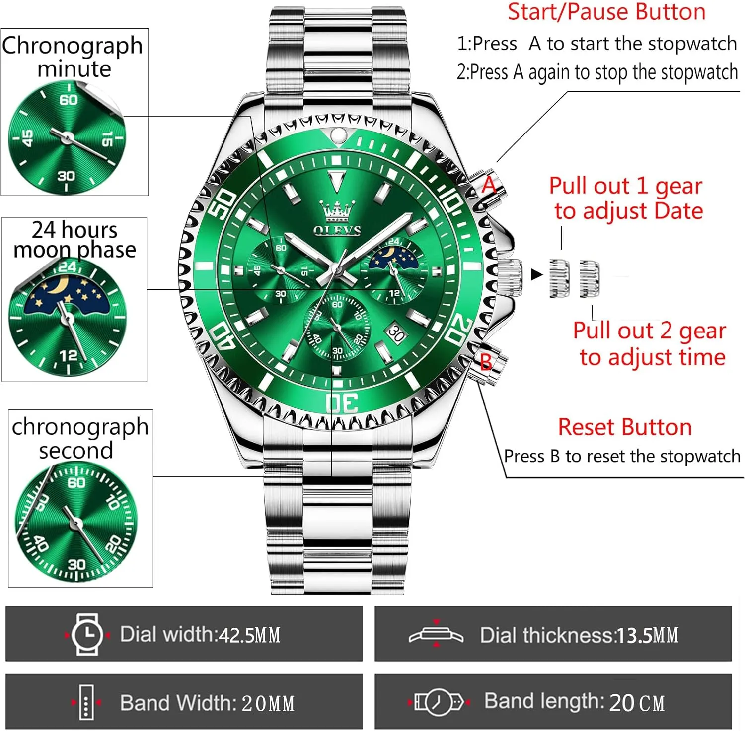 OLEVS Men Watch,Big Dial Watches for Men Stainless Steel Watch with Day Waterproof Analog Quartz Watches for Man Classic Business Wristwatch Luxury Luminous Round for Men Rotatable Bezel Watch