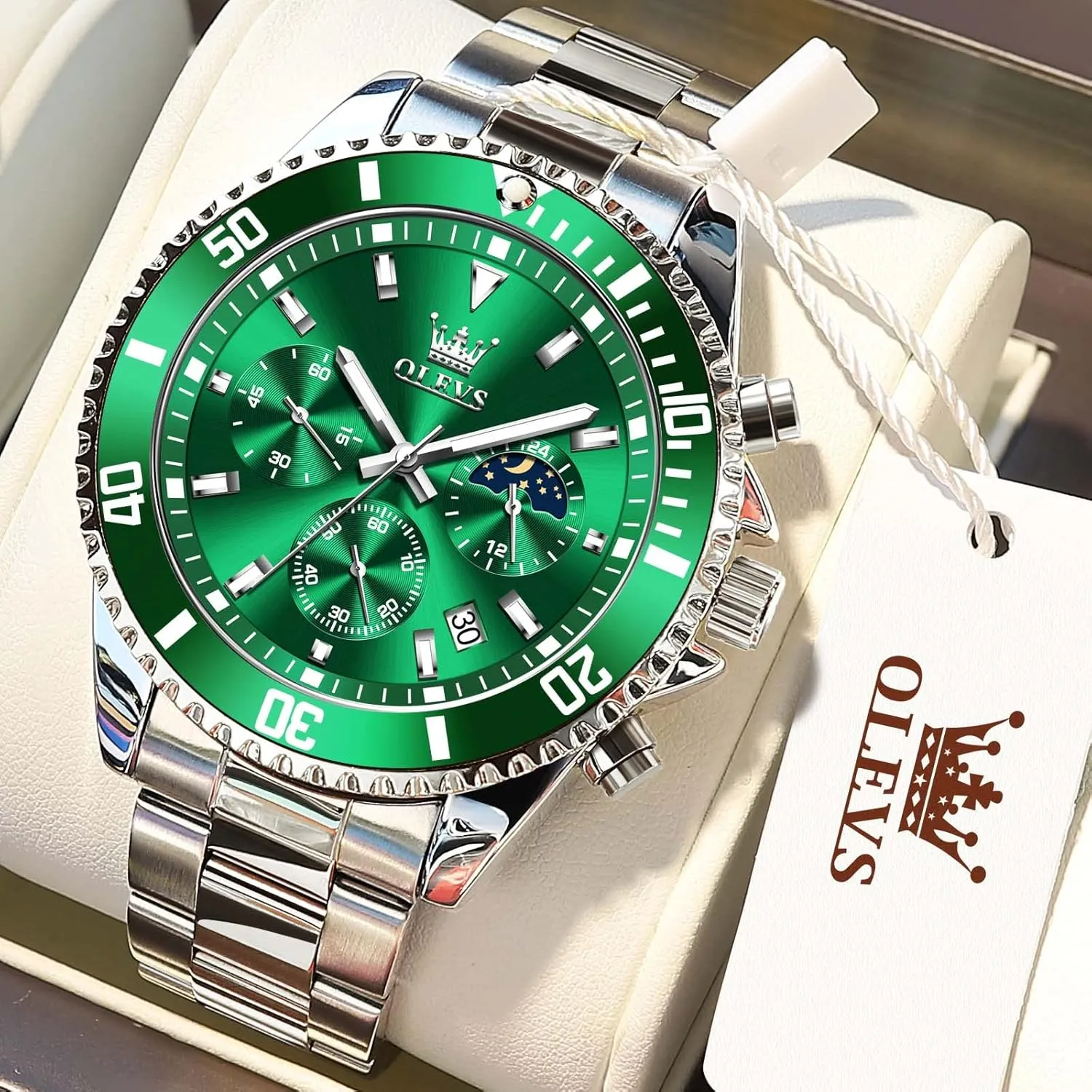 OLEVS Men Watch,Big Dial Watches for Men Stainless Steel Watch with Day Waterproof Analog Quartz Watches for Man Classic Business Wristwatch Luxury Luminous Round for Men Rotatable Bezel Watch