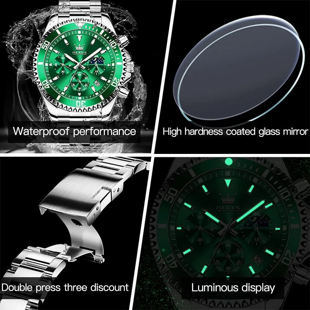 OLEVS Men Watch,Big Dial Watches for Men Stainless Steel Watch with Day Waterproof Analog Quartz Watches for Man Classic Business Wristwatch Luxury Luminous Round for Men Rotatable Bezel Watch